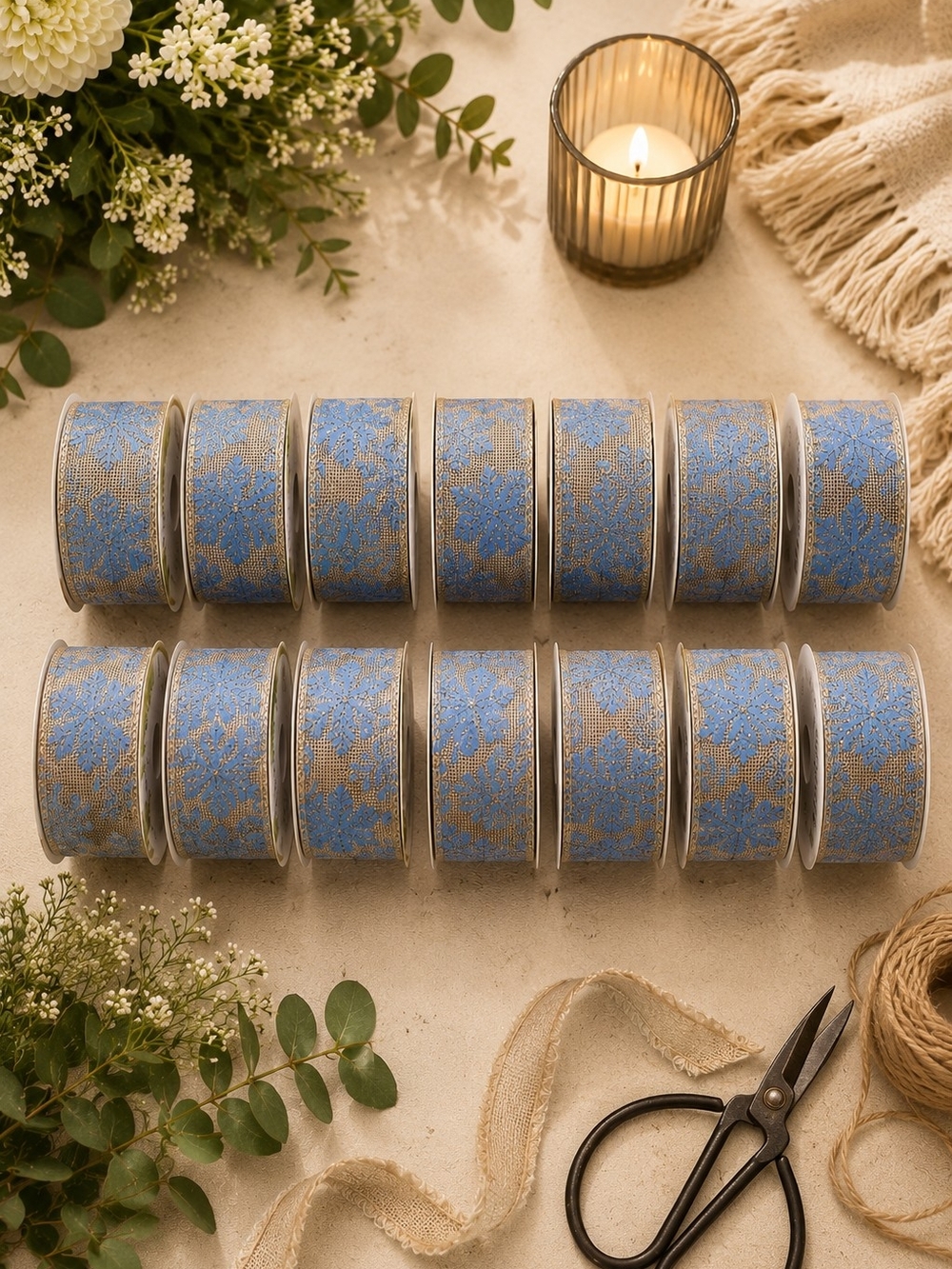 Burlap Snowflake Ribbon Lot Craft Decor DIY Blue Silver 14 Rolls